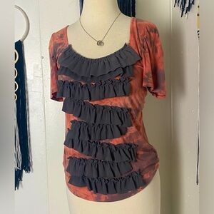 Ann Taylor Loft cute pink grey tie dye short sleeve top misplaced ruffle size XS